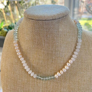 Moonstone Pearl Blue Topaz Hand Beaded Silk Knot Necklace Gold Filled Clasp